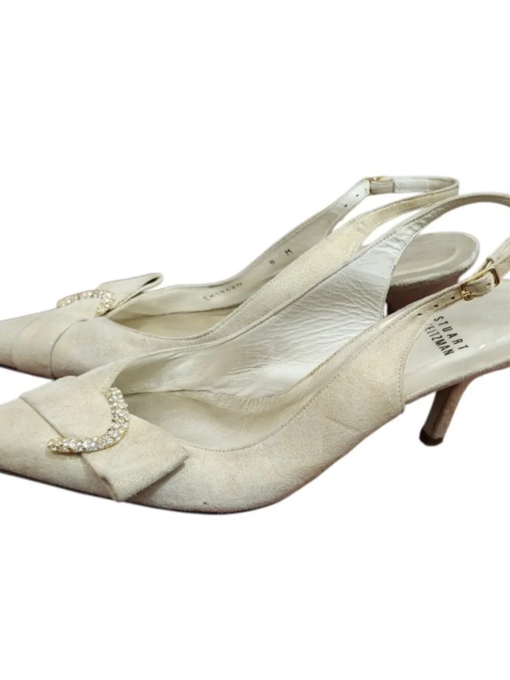 Stuart Weitzman Slingback Heels Beige Suede Rhinestone Buckle Pointed Toe US 8 M